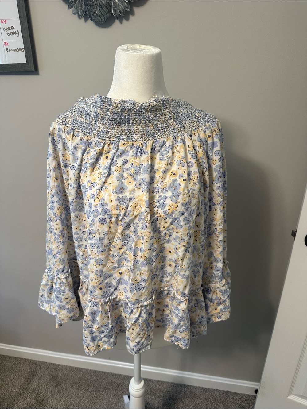 Off shoulder Smocked Neck Floral Peasant Blouse - Blue & Yellow